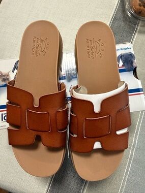 BOBS from Skechers Two-Tone Brown and White Slide Sandals